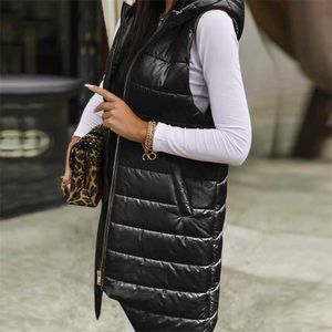 Women's Long Winter Coat Vest With Hood Sleeveless Warm Down Pockets Quilted Jacket Outdoor 211220