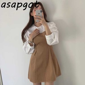 Autumn Vintage Plus Size Casual Dress Short Contrast Color O Neck Puff Sleeve Patchwork Vestido De Mujer Chic Korea Fashion 210610