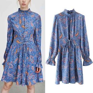 Printed Vintage Blue Short Dress Women Autumn Ruffle Long Puff Sleeve Pleated es Ladies Tied Elegant 210519