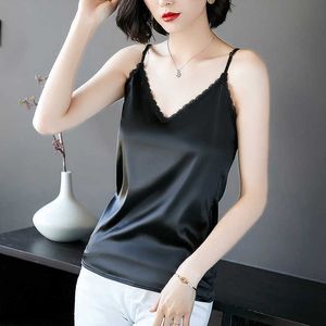 Fashion Women Satin Tank Tops Adjustable Spaghetti Strap hater V-neck Lace Office Lady Top Camisole Plus Size W786 210526