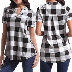 Plus Size Plaid Blouse Women Summer Clothing Cotton Tops Tunic Female Lady Blouse Loose Red White Blue Shirts H1230