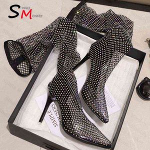 Dress Shoes New High Heels Sandals Bling Crystal Mesh Over The Knee Women Fad Pumps Summer Designer Brand Sexy Party Woman 220303