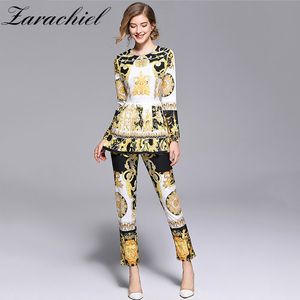 Fashion Runway Designer Suit Women's Long Sleeve Retro Pattern Print Pleated Hem Split Pullover Top Pants Set 2 Piece Sets 210416