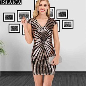 sale Summer dress women short sleeve V-neck mini sexy high waist slim sequin evening party club bodycon 210515