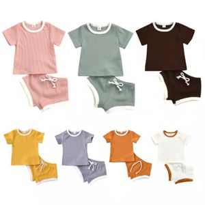 Completi estivi per bebè Completi per bambina Completi per neonato a maniche corte in cotone a costine a costine + pantaloncini Completi per neonato M3965
