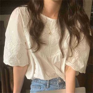 Elegance Cotton Hollow Out Sexy Loose Patchwork Lace Girls Sweet Summer Short Sleeves Chic All Match Tops Blouses 210525