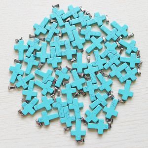 High Quality Blue Turquoises Stone Cross Beads Charms Pendants For DIY Necklace Jewelry Making Wholesale 50Pcs/Lot