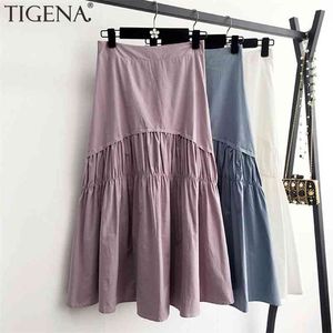 TIGENA Gonna a pieghe in cotone Moda donna Estate Casual Solid A Line Vita alta Midi Lungo Donna Nero Bianco Viola 210621