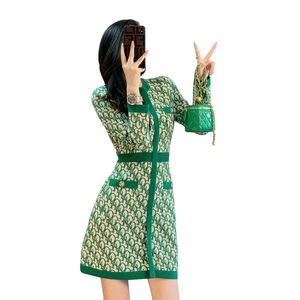 2022 nova moda primavera feminina com decote oco manga longa verde padrão estampado vestido de malha evasê cintura alta SMLXL