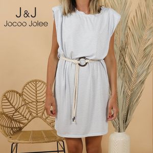 Jocoo Jolee Mode Solide Tasche Mini Kleid Casual Schulter Pad Ärmel O Neck T Shirt Kleid Frauen Sommer Reise Lose kleid 210518