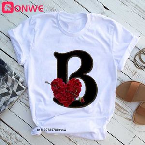 Kwiat Róża Litera Czcionka A B C D E F G Kobiety T-shirt Dziewczyna Śmieszne 90. Drukuj Niestandardowy Nazwa Letter Kombinacja Topy Tee, Drop Shipping X0628