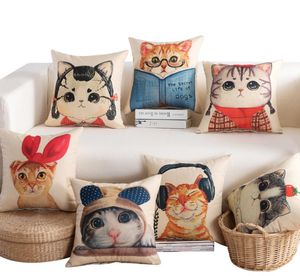 枕ケース素敵な漫画猫と犬の動物のリネン印刷の枕カバーの綿飾りソファー車のクッションカバー45x45cm