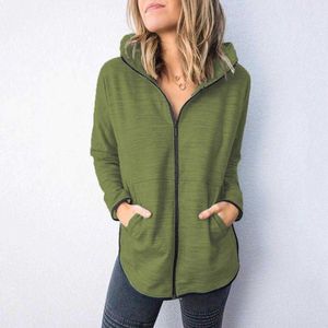 Kvinnor Långärmad Zip-Up Hooded Sweatshirts Höst Casual Zipper Fickor Hoodie Loose Plus Size Kvinna Stora Toppar 2020 Ny Y0820