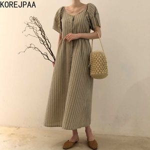 Korejpaa Kobiety Sukienka Lato Koreańskie Chic Damska Retro Elegancka Pionowa Pasek Projekt Single-Breased Puff Sleeve Vestidos 210526