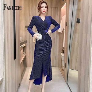 Wiosna Zima Elegancka Party Dress Slim V Neck Długim Rękawem Midi Suknie Z Pas Casual Office Lady Solid Red Vestidos 210520