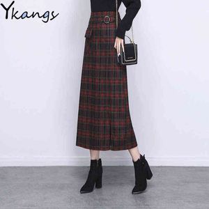 Vintage alta cintura xadrez saia inverno quente lã quente lápis saia feminina estilo coreano elegante senhoras escritório midi saia 211120