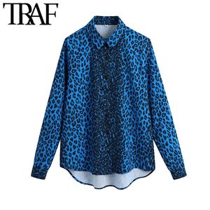 TRAF Moda Moda Leopardo Impressão Asymetria Blusas Vintage Manga Longa Button-Up Camisas Femininas Blusas Chique Tops 210415