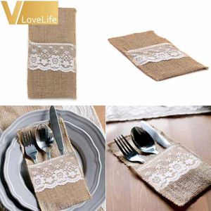 50pcs Burlap Lace Cutlery Pouch Tableware Hessian Rustic Jute Christmas Table Decoration Wedding Decoration 210610