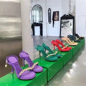 HOT candy color comfortable bottom women s sandals fashion chain tie small ball massage pellet foot high heel sandals sheepskin sole full set of green packaging