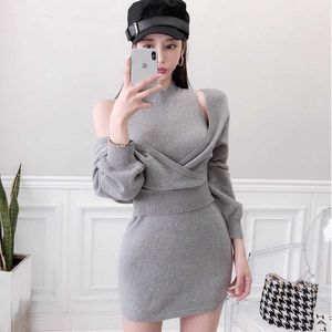 Sonbahar Kış Seksi 2 Parça Takım Elbise Kore Bodycon Kalem Kılıf Elbiseleri + V Yaka Batwing Kollu Örgü Kazak Kazak 210529