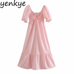 Sexig av axel rosa plaid klänning kvinnor kortärmad avslappnad semester fest klänningar sommar elegant damer midi robe 210430