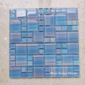 Wallpapers 11pcs Crystal Glass Sky Blue Hand Painted Mosaic Tiles, Kitchen Backsplash/ Bathroom Wallpaper / Pool Brick Tile, 2 Color