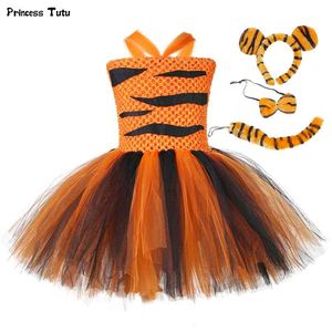 Tiger Mädchen Tutu Kleid Outfit Zoo Tier Kleinkind Baby Mädchen Fancy Performance Geburtstag Party Kleider Kinder Halloween Kostüme Set 210317