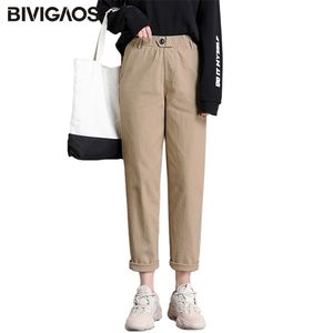 Bivigaos Kadınlar Gevşek Rahat Pantolon Eğlence Harem Pantolon Yüksek Bel Düğmesi Düz Tulum Kadınlar için Pantolon Kargo Pantolon 211216