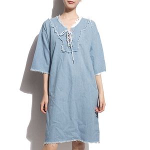 VIELLEICHT U Navy Light Blue Solid Cross Strap Bow Collar Loose 3/4 Sleeve Denim Midi Dress Summer D0919 210529