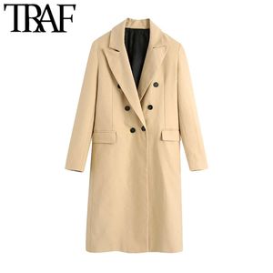 TRAF KVINNOR FASHION Dubbelbröst monterad Trench Coat Vintage Långärmad Ryggventiler Kvinnor OuterWear Chic Toppar 210415