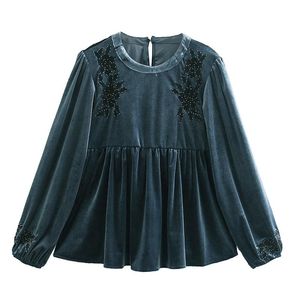 Kvinnors Blusar ZXQJ Kvinnor 2021 Sexig Fashion Velvet Broderad Beaded Vintage O-Neck Långärmad Kvinna Blusas Chic Tops