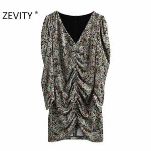 Zevity Women Vintage V Neck Print Velvet Pleated Mini Dress Office Ladies Chic Puff Sleeve Casual Slim Party Vestido DS4561 210603