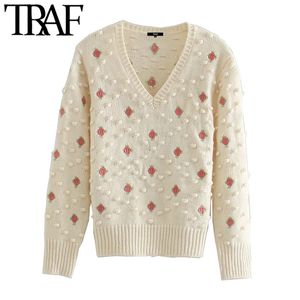 TRAF Mulheres Doces Forma Floral Bordado Malha Camisola Vintage V Neck Manga Longa Fêmea Pullovers Chique Tops 210415