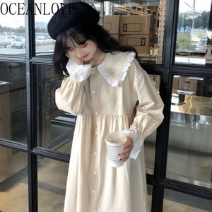 Japonia Styl Vestidos Solidna koronka Patchwork Wiosna Jesień Kawaii Kobieta Dress Peter Pan Collar Długie Suknie 19479 210415