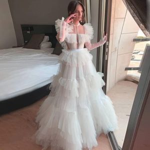 Белые вечерние платья с длинными рукавами Формальные партии Partys Puffy Ruffled Tulle Линия Платье для фотосессии Робу De Soiree Custom Made