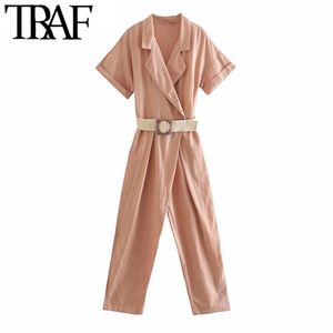 تراف النساء الأنيقة الأزياء مع حزام الكتان بذلة خمر قصيرة الأكمام جيوب الجانب الإناث playsuits موهير 210415