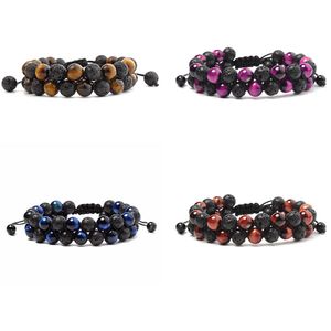 8mm Natural Lava Stone Beaded Double Layer Charm Bracelets For Men Women Handmade Rope Braided Fashion Yoga Jewelry