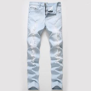 Jeans masculinos moda streetwear homens masculino diretamente canister força elástica calça luz azul buracos hip hop jean1
