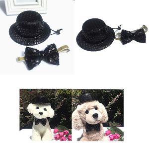 Wholesale cylinder cap resale online - Pet Dog Hat Cap Outdoor Sun Protection Festive Costume Black Sequined Cylinder Top With Bow Tie Set Apparel
