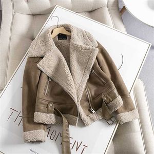 Ailegogo Winter Women Thick Warm Vintage Suede Lamb Biker Jacket Coat Chic Sashes Casual Loose Faux Leather Outwear Tops Female 220112