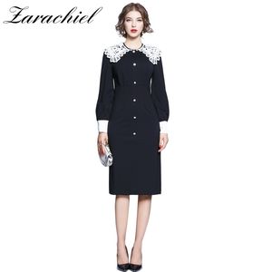 Vintage Women Autumn Elegant Long Sleeve Patchwork Peter Pan Pearls Button Contrast Collar Lace Trim Midi Dress 210416