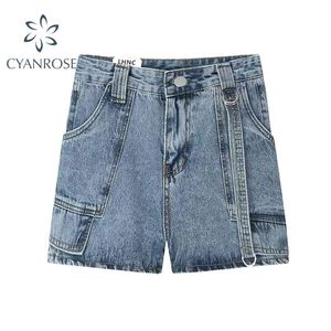 Sommar bomull Denim Kvinnor Jeans Shorts Vintage Bandage Design Pant Streetwear Fashion Ligh Blue Lady Straight Jean 210515
