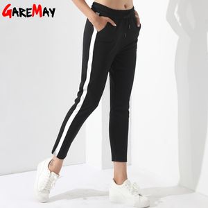 Preto calça casual mulheres harem listrado para pantalon femme pantalones mujer cintura alta calças feminina garemay 210428