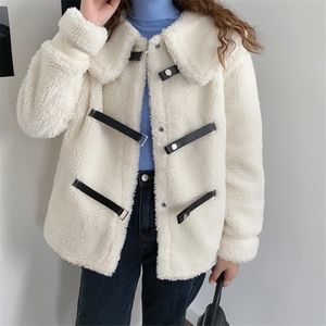 Outono inverno ol vintage faux lambwool casaco mulheres casaco de pele maciça elegante moda solta lapela grossa casacos de pelúcia quente 210421