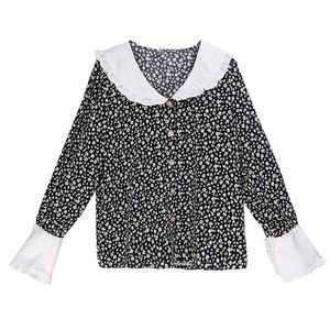 Być może U Czarna Koszula Przycisk Kwiatowy Druku Wzburzyć Peter Pan Collar Flare Z Długim Rękawem Top Korea Japonia B0757 210529