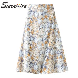 SURMIITRO Summer Midi Long Skirt Women Korean Style Elegant Floral Oil Painting Mid-Length High Waist Skirt Female 210712