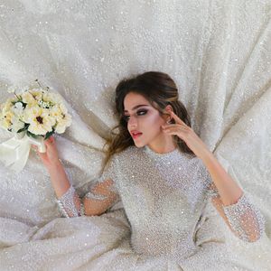 Brautkleid Arabisch Dubai 2024 Luxus A-Line-Spitzen-Hochzeitskleid Illusion Voller Perlen Perlen Ärmel Vestidos de noiva Robe de Mariage