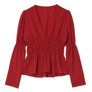 Kvinnor Röd Chiffong Deep V Neck Full Sleeve Top Solid High Street Blouse Long Korean Fall B0189 210514