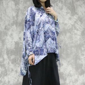 Johnature Fashion Retro Print Stand Button Irregular Batwing Sleeve Lace Up T-shirt Summer Loose All-match Donna Top 210521