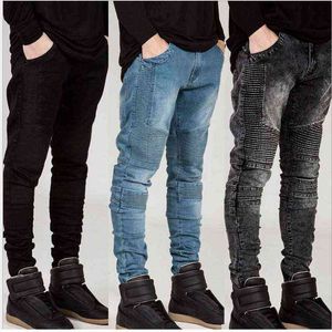 Streetwear Mens Ripped Biker Jeans homme Men's fashion Motorcycle Slim Fit Black White Blue Moto Denim Pants Joggers Skinny Men G0104